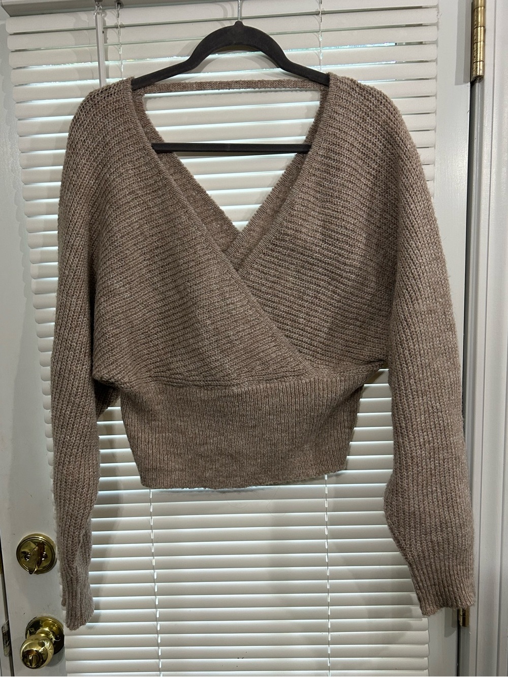 Cropped V-Neck Wrap Sweater - Taupe